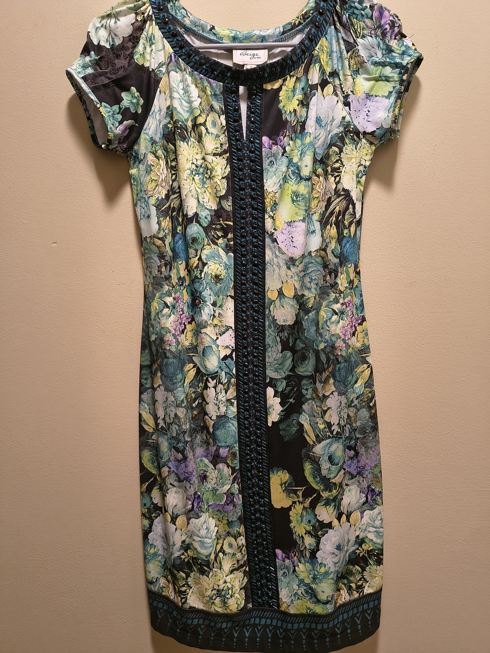 Beige Black Floral Short Sleeve Sheath Dress with Teal Trim